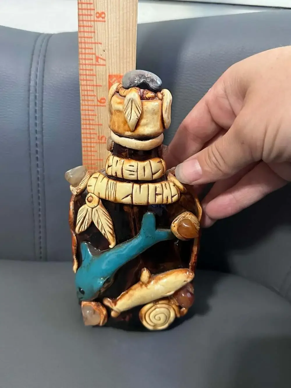Handmade Mexican Aztec/Mayan Style Folk Art Decanter Bottle Dolphin Gem Accents